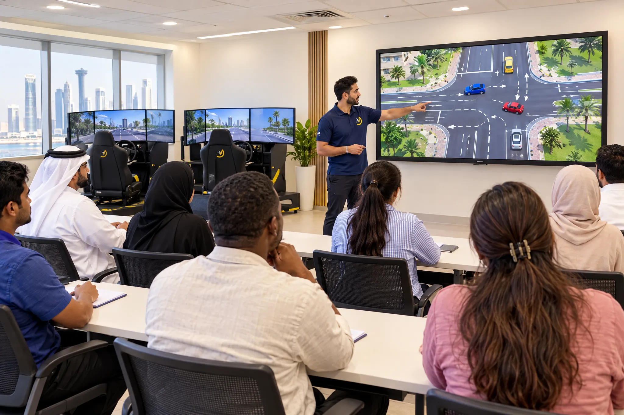 Theory lesson with learners and driving simulators