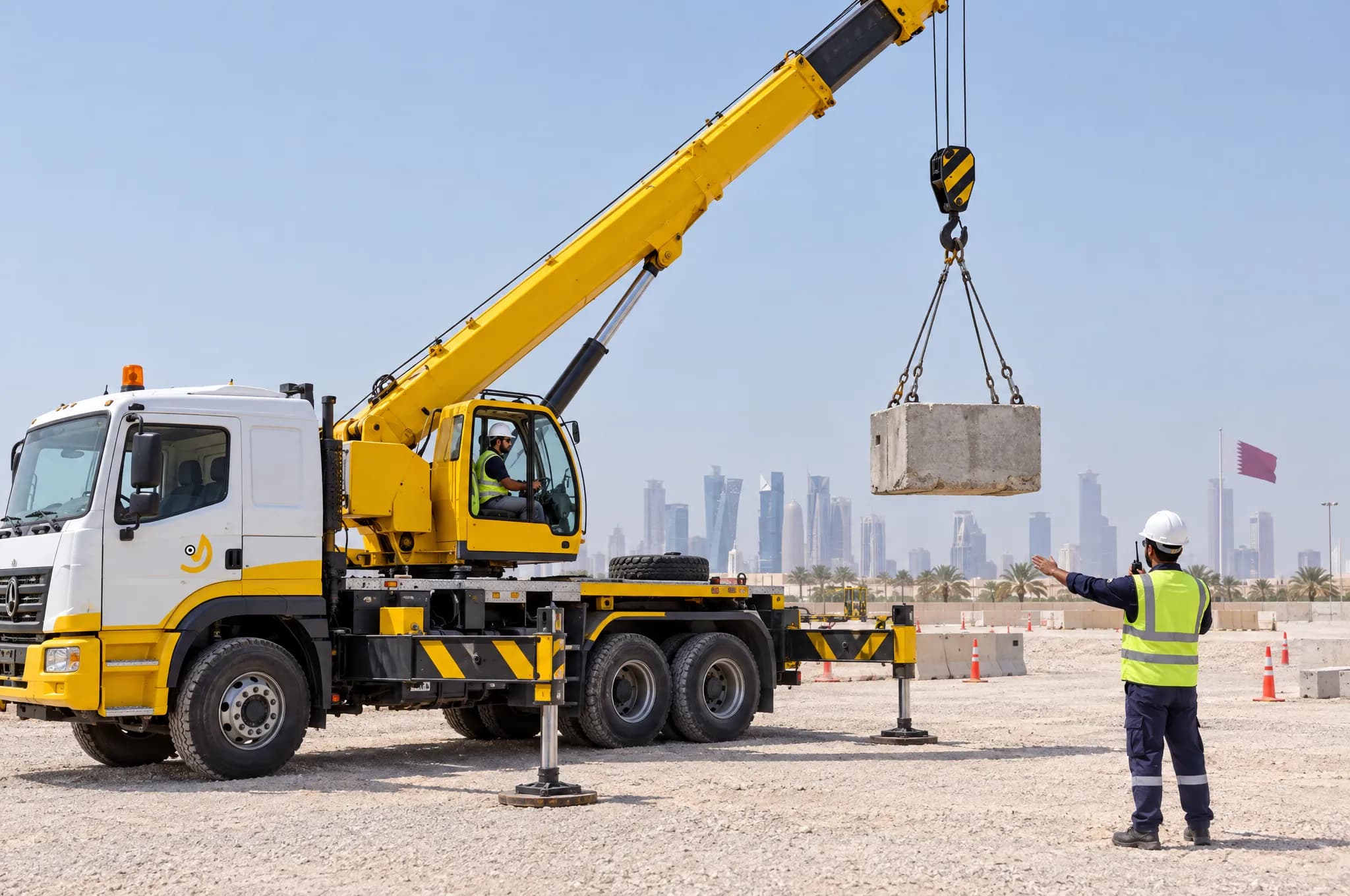 Mobile crane lifting a concrete block during training