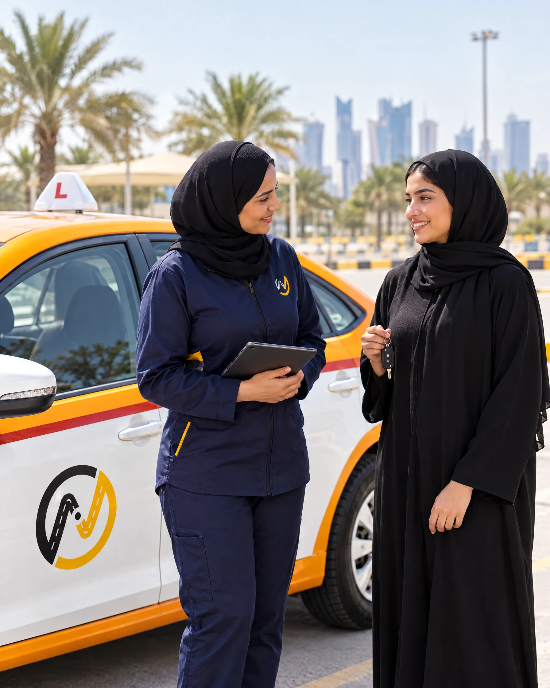 مدربة ومتدربة بجانب سيارة تدريب النصر