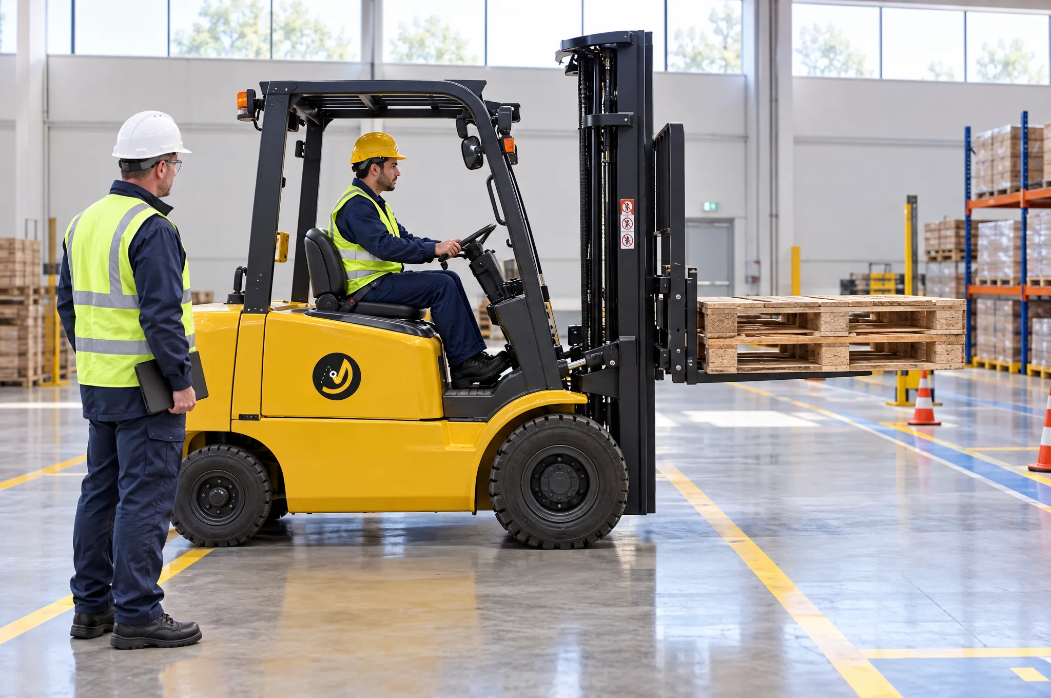 Forklift training in a warehouse bay
