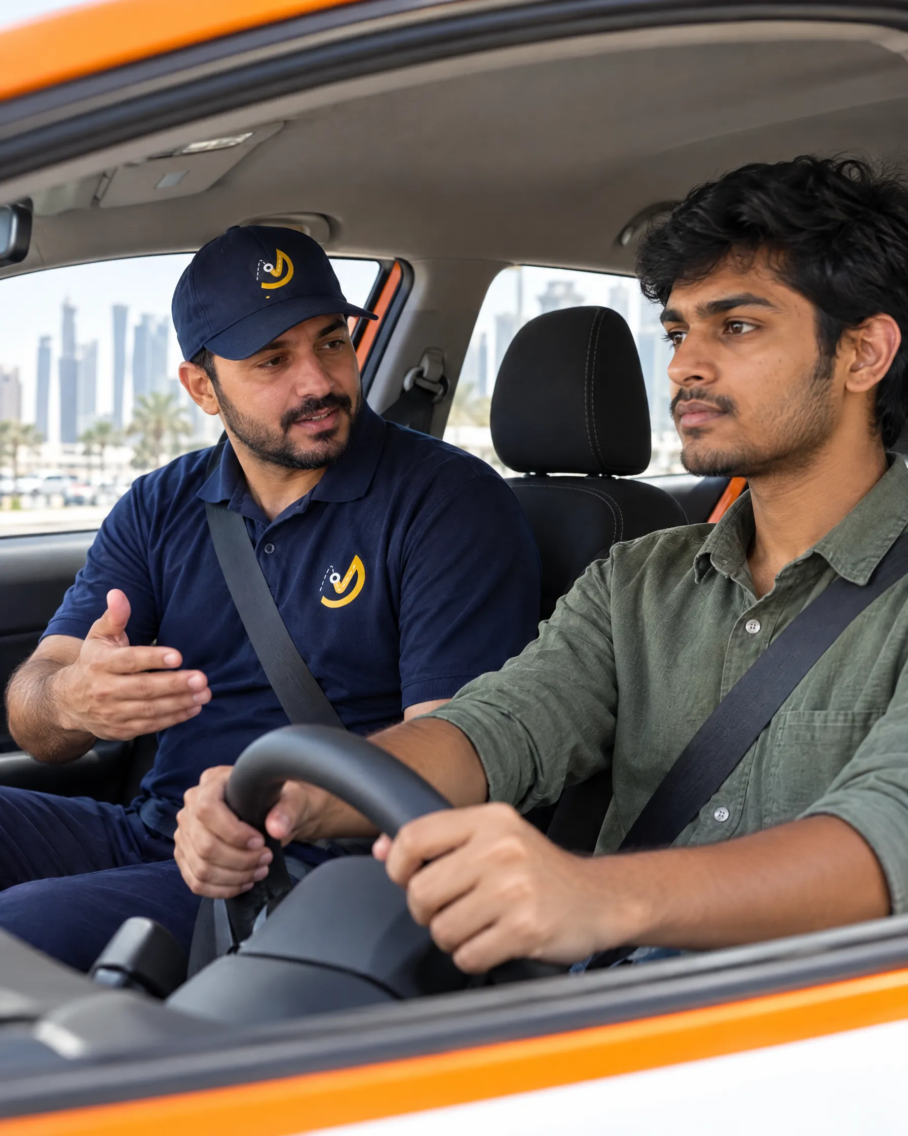 Al Nasr instructor guiding a learner driver inside the training car