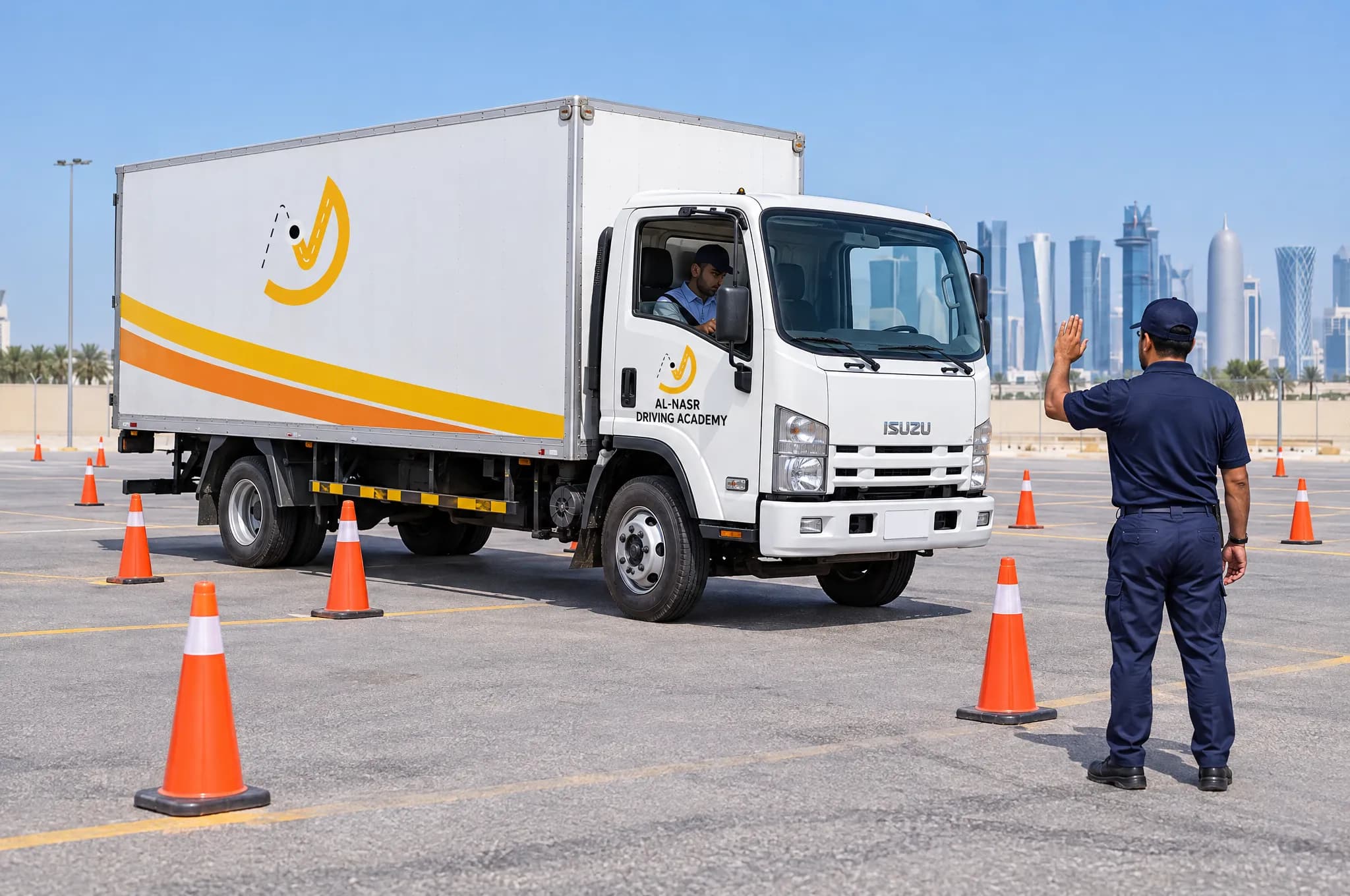 Medium truck reversing between cones guided by an instructor