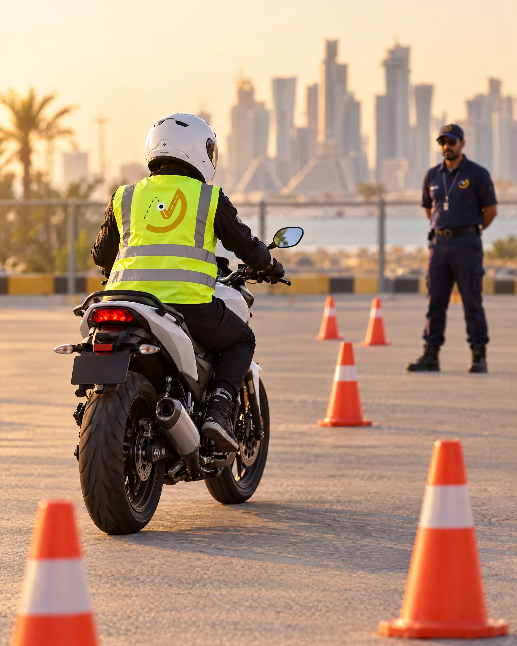 Motorcycle learner riding between cones on the training yard