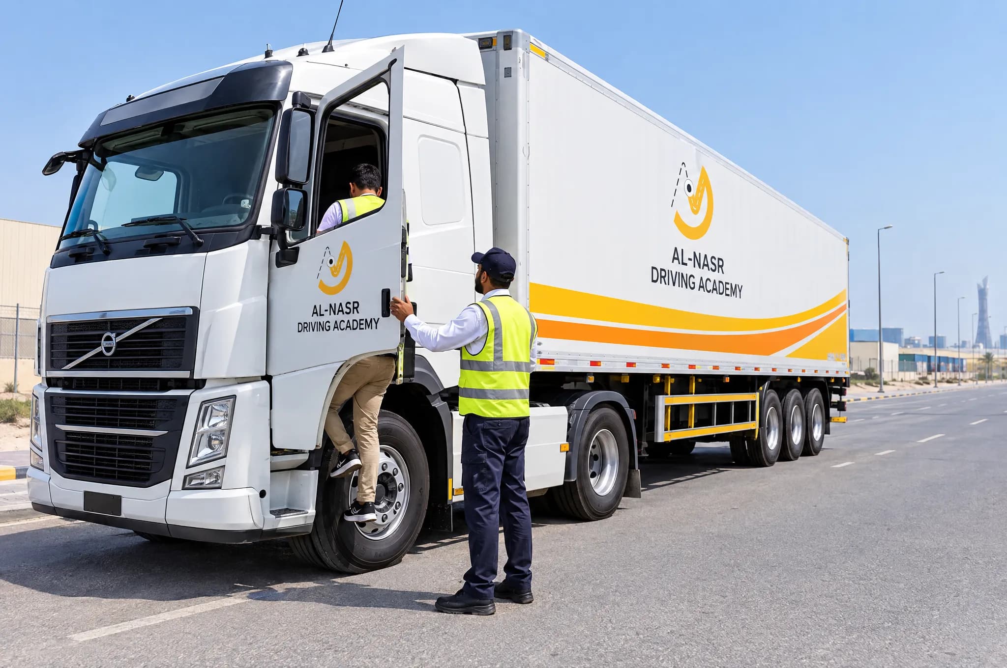 Al Nasr branded trailer truck with a trainee climbing into the cab